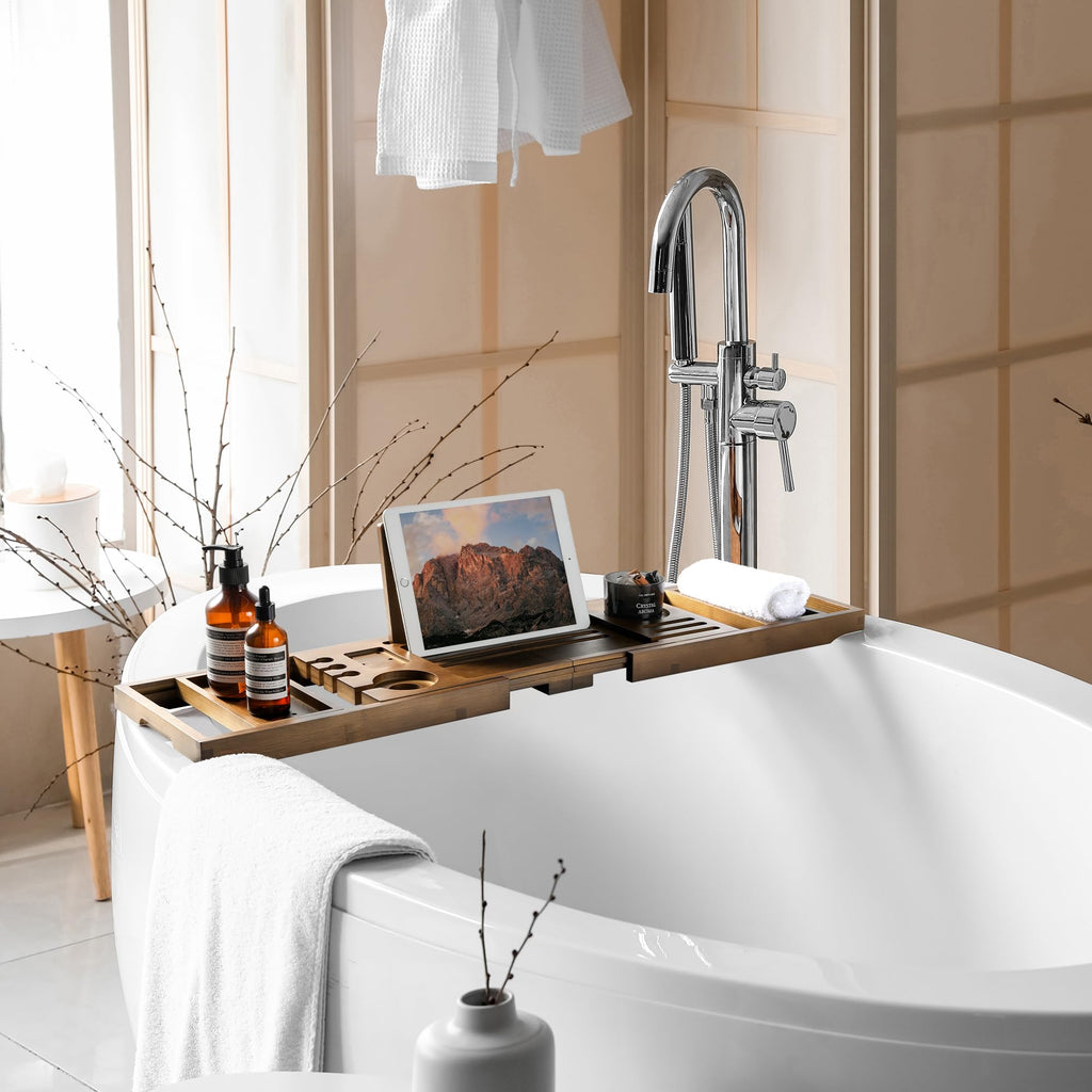 Bamboo Bathtub Tray Caddy, Adjustable Walnut Finish 28.5‑40"