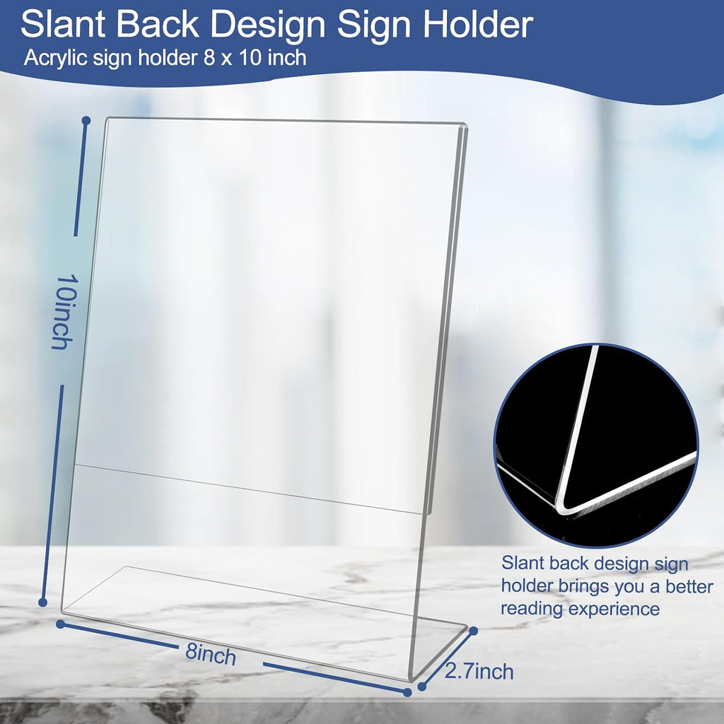 Slanted Back Acrylic Sign Stands 8 x 10, Clear Tabletop Display, Plastic Paper Sign Holder for Office, Home