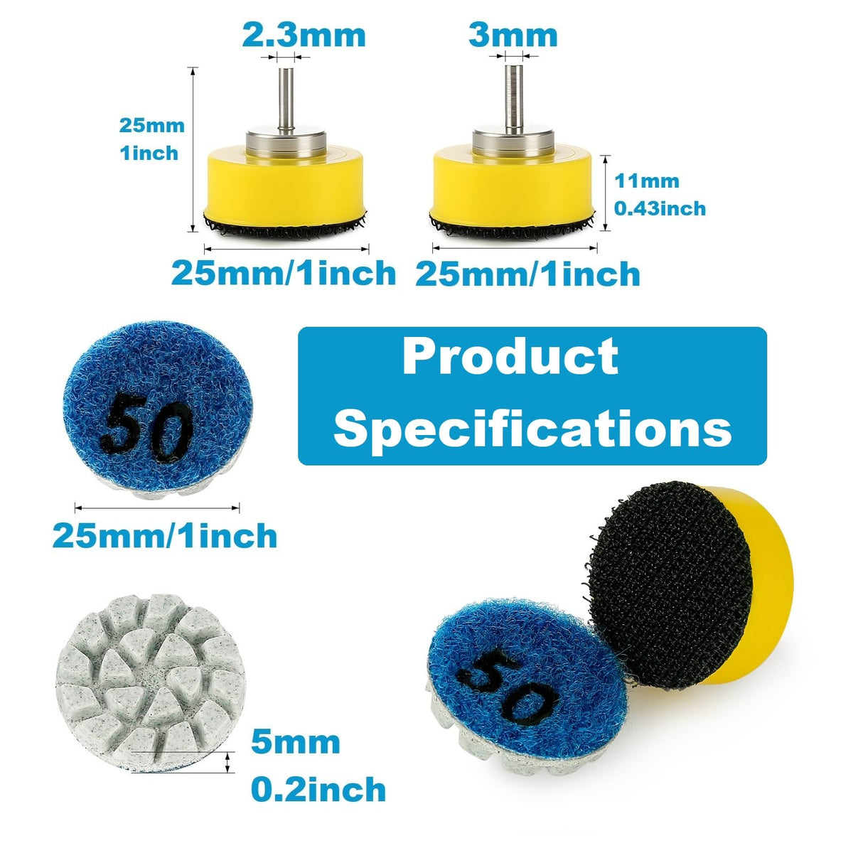 MiJunHD 1inch 25mm Mini Diamond Polishing Pad 16Pcs/Set, 7 Different Grit 50#-3000# Water Sanding Discs & 2.3mm 3mm Shank Hook & Loop Backing Holder for Detail Fine Grinding