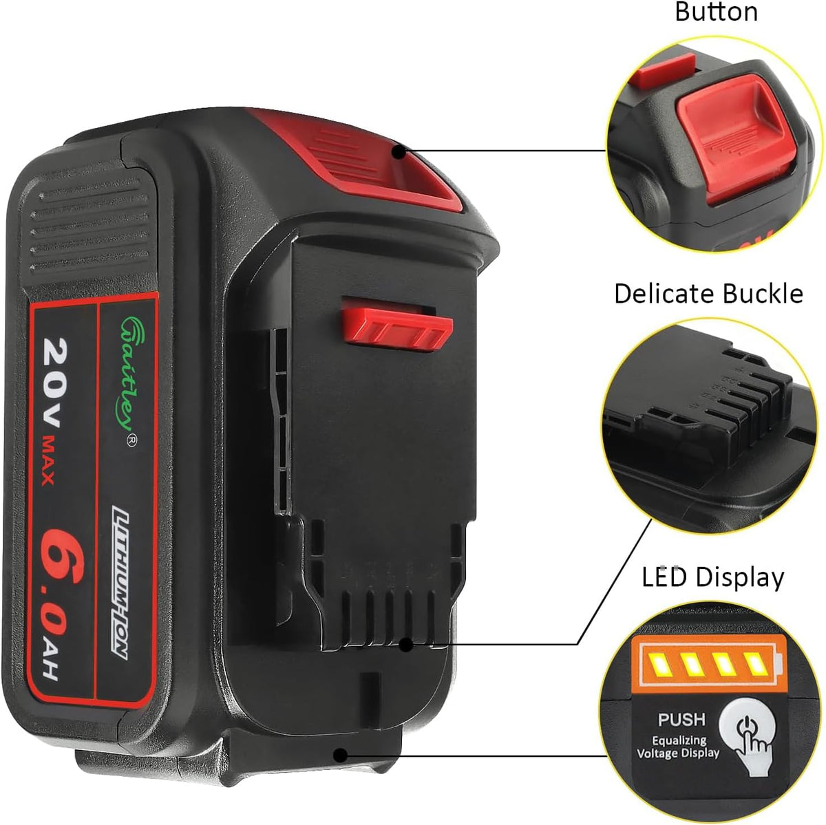 waitley 4 Pack 20V 6Ah Replacement Battery Compatible with Dewalt Tool