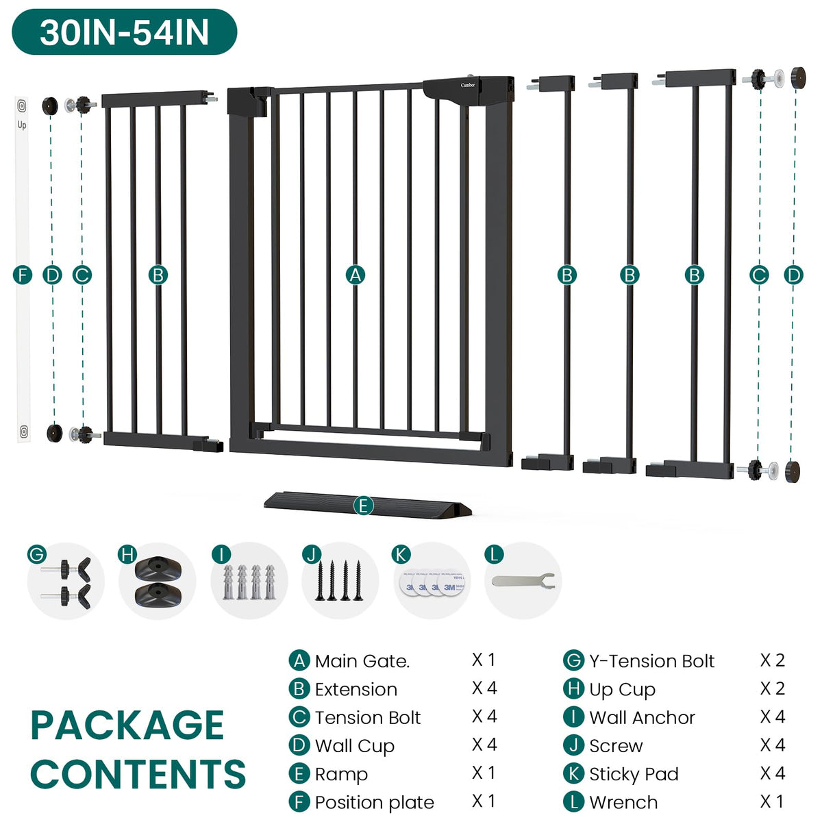 30-54" Extra-Wide Adjustable Hardware/Pressure-Mounted Pet & Child Safety Gate with Auto-Close Walk-Through Door for Stairs, Hallways & Wide Doorways — Black