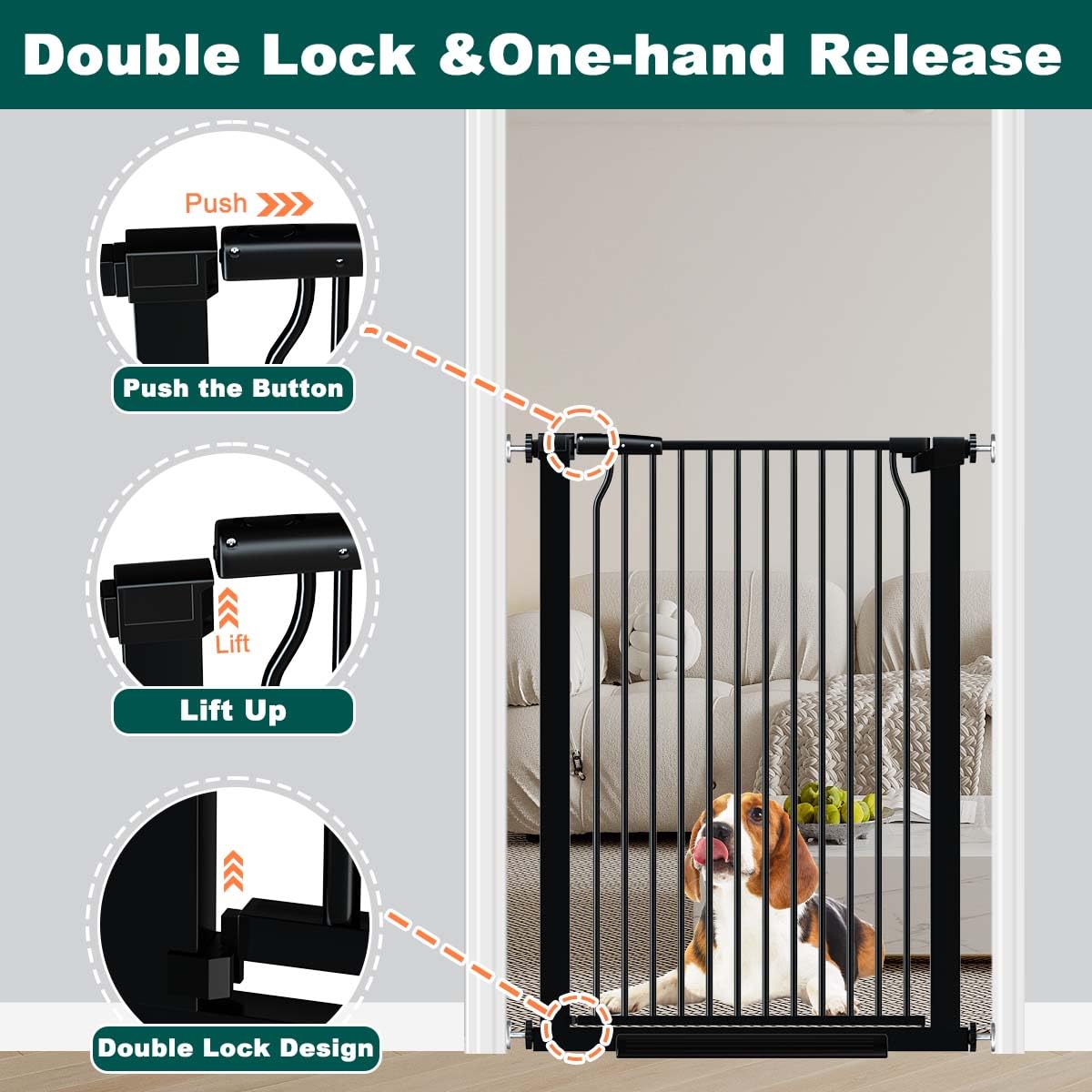 40.5" x 72.3-76.7" Extra-Tall & Extra-Wide Adjustable Hardware/Pressure-Mounted Pet & Child Safety Gate with Dual-Lock Walk-Through Swing Door for Stairs, Hallways & Wide Doorways