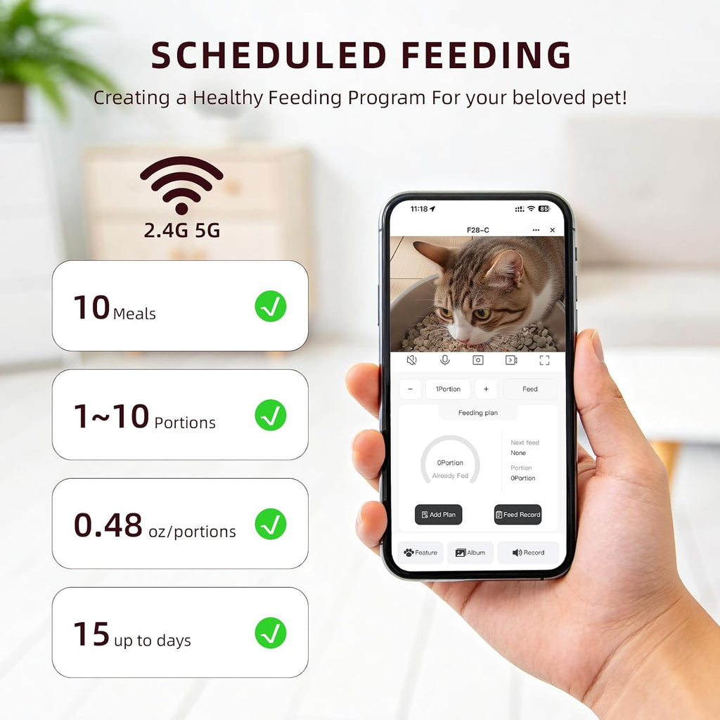 Automatic Cat Feeder with Camera – 5G WiFi Timed Cat Food Dispenser, 4L Clog-Free Smart App Control Pet Feeder, 1080P