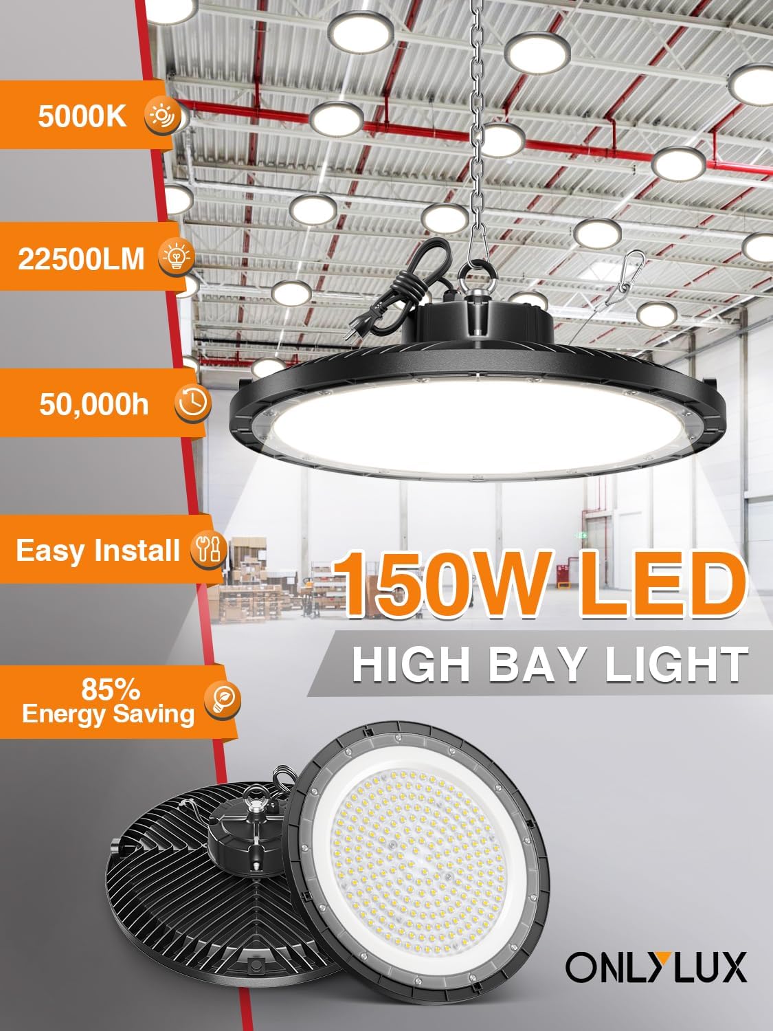 ONLYLUX UFO LED High Bay Light, 10 Pack, 150W, 5000K, 22500LM
