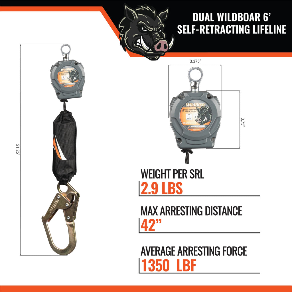 Wild Boar 6’ Single Self Retracting Lifeline – SRL Fall Protection Lanyard with Steel Snap Hook for Construction Site