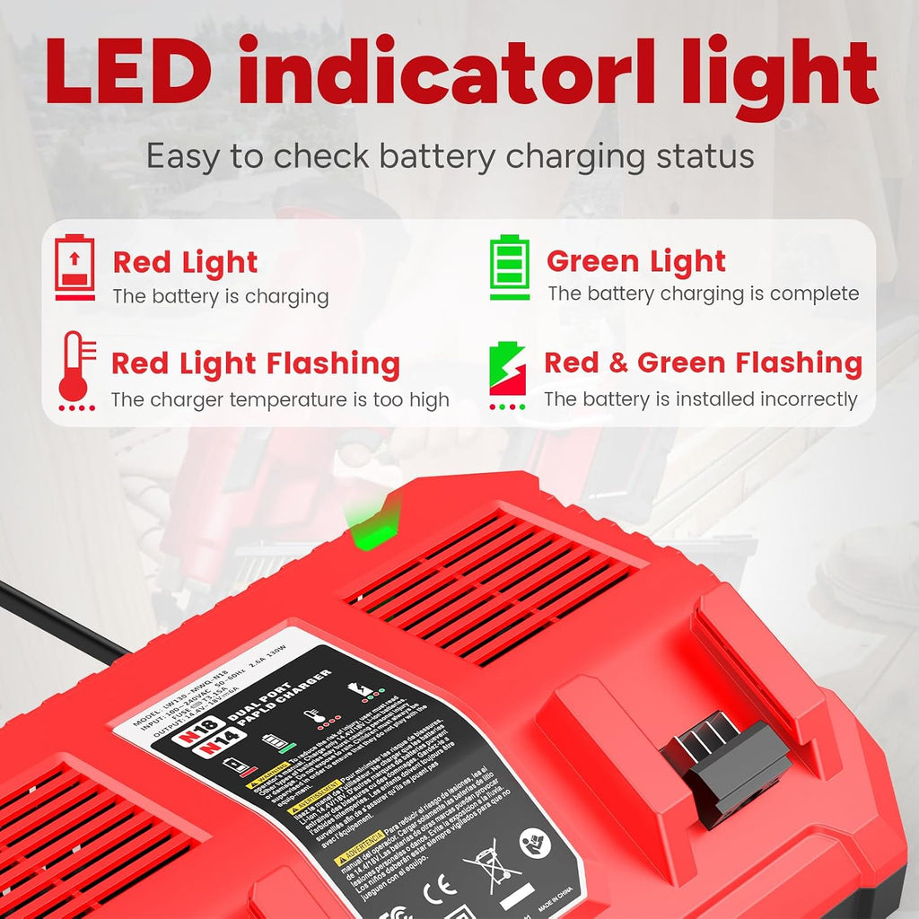 Dual Battery Charger Replace for MK-18 Milwaukee 6A Rapid Lithium Charger to Charge 14.4V-18V XC Lithium-ion Battery 48-59-1890 48-59-1812 48-11-1850 48-11-1820 48-11-1835 48-59-1802
