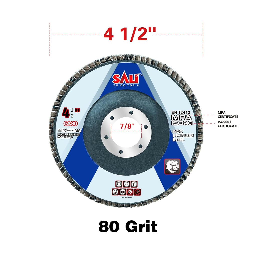 Sali 48 Pack Flap Disc 80 Grit 4.5" x 7/8-Inch Sanding Disc Bevel Type #29 Premium and Industrial Grade Angle Grinder Grinding Wheel High Performance Edge Grinding