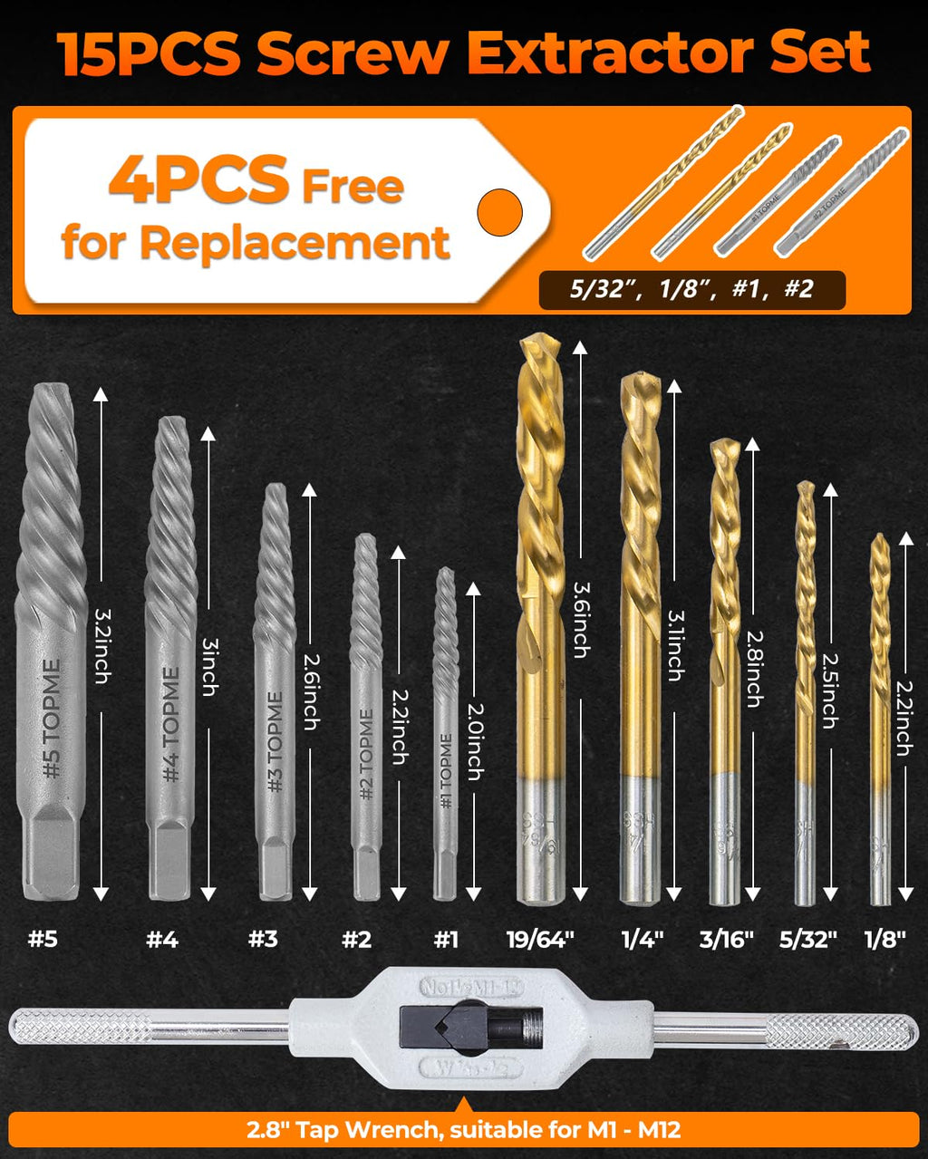 15PCS Screw Extractor Set, Easy Out Bolt Extractor Kit with Tap Wrench