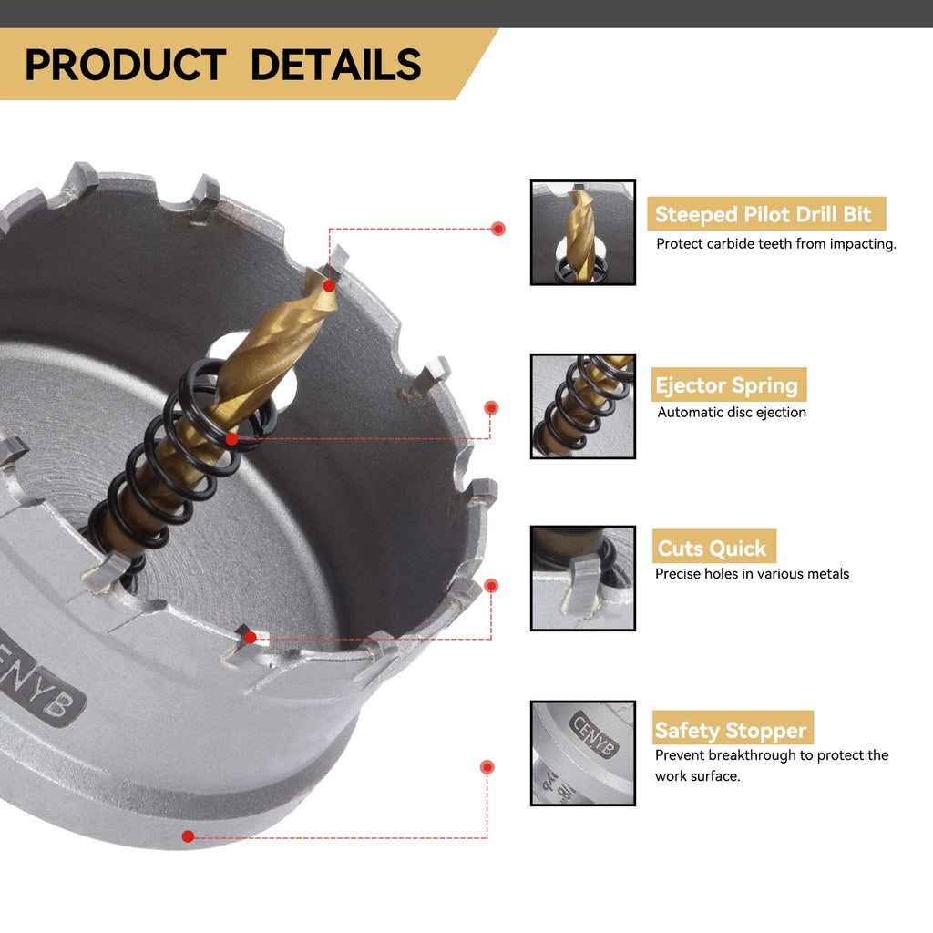 CENYB 1-3/8" (35mm) Tungsten Carbide Tipped Hole Saw with 2Pcs Titanium-Plated Pilot Drill Bits for Hard Metal,Stainless Steel,Iron,Aluminum Alloy,Wood and Plastic