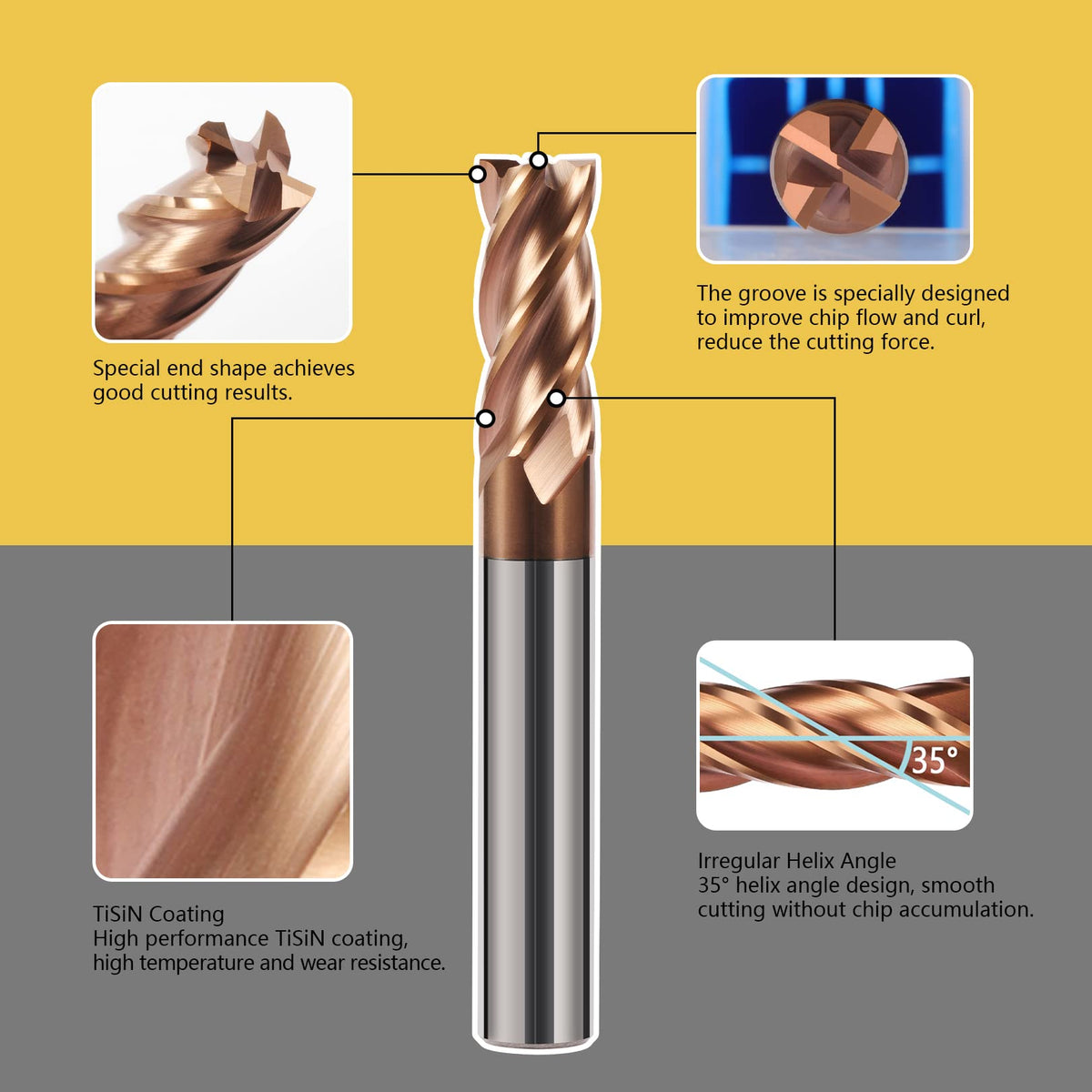 AYCHOLIZ 1pc 4Flutes Carbide Square End Mill 10mm Tungsten Steel Milling Cutter Micro Grain CNC Router Bits for Alloy Steel High Alloy Cast Iron-HRC55-TISIN Coated