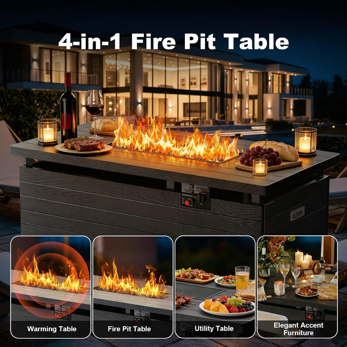 51 Inch Outdoor Propane Fire Pit Table, 50000BTU 4-in-1 FirePit Table, Gray