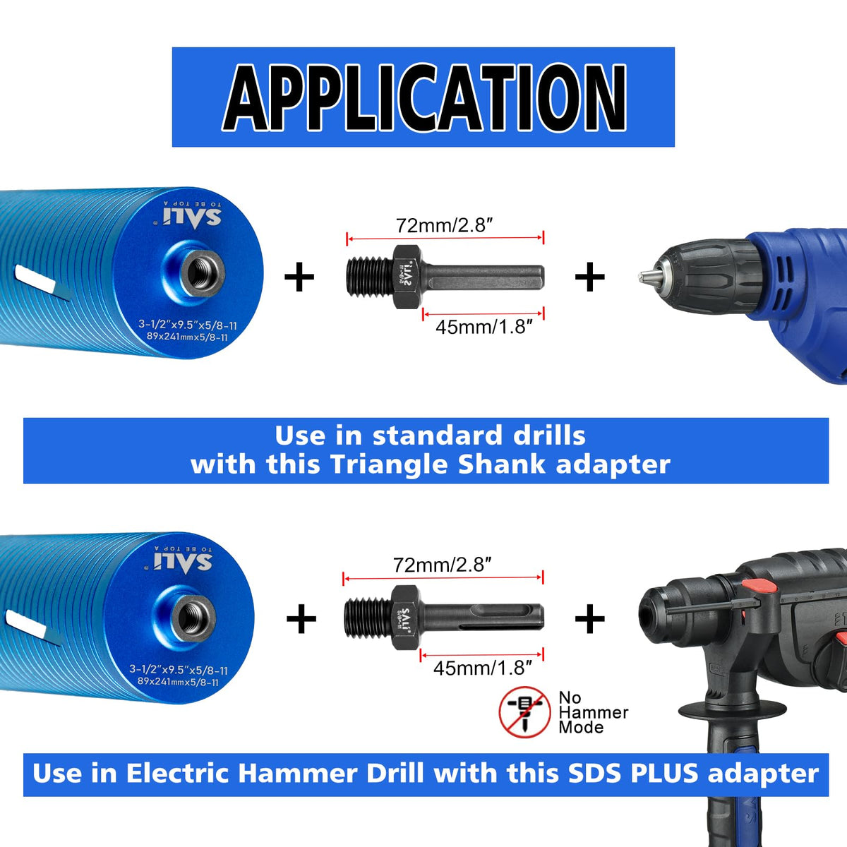 SALI Diamond Core Drill Bits 6" Diameter 10"/254mm Drilling Depth 5/8-11" Thread Core Bit Turbo Laser-Welded Segments for Cured Concrete with, Brick, Block, Masonry, with Two Adapters