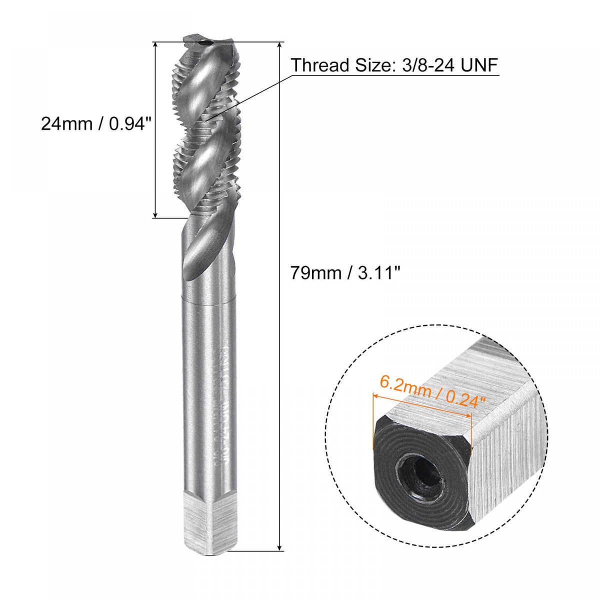 uxcell Spiral Flute Taps 3/8-24 UNF 2B High Speed Steel (HSS) Uncoated Tap