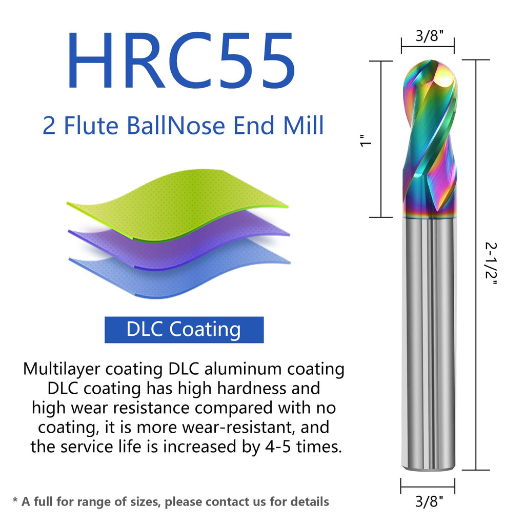 AYCHOLIZ 3PCS 3/8" 2 Flute Ball Nose End Mill Set for Aluminum, DLC Coated