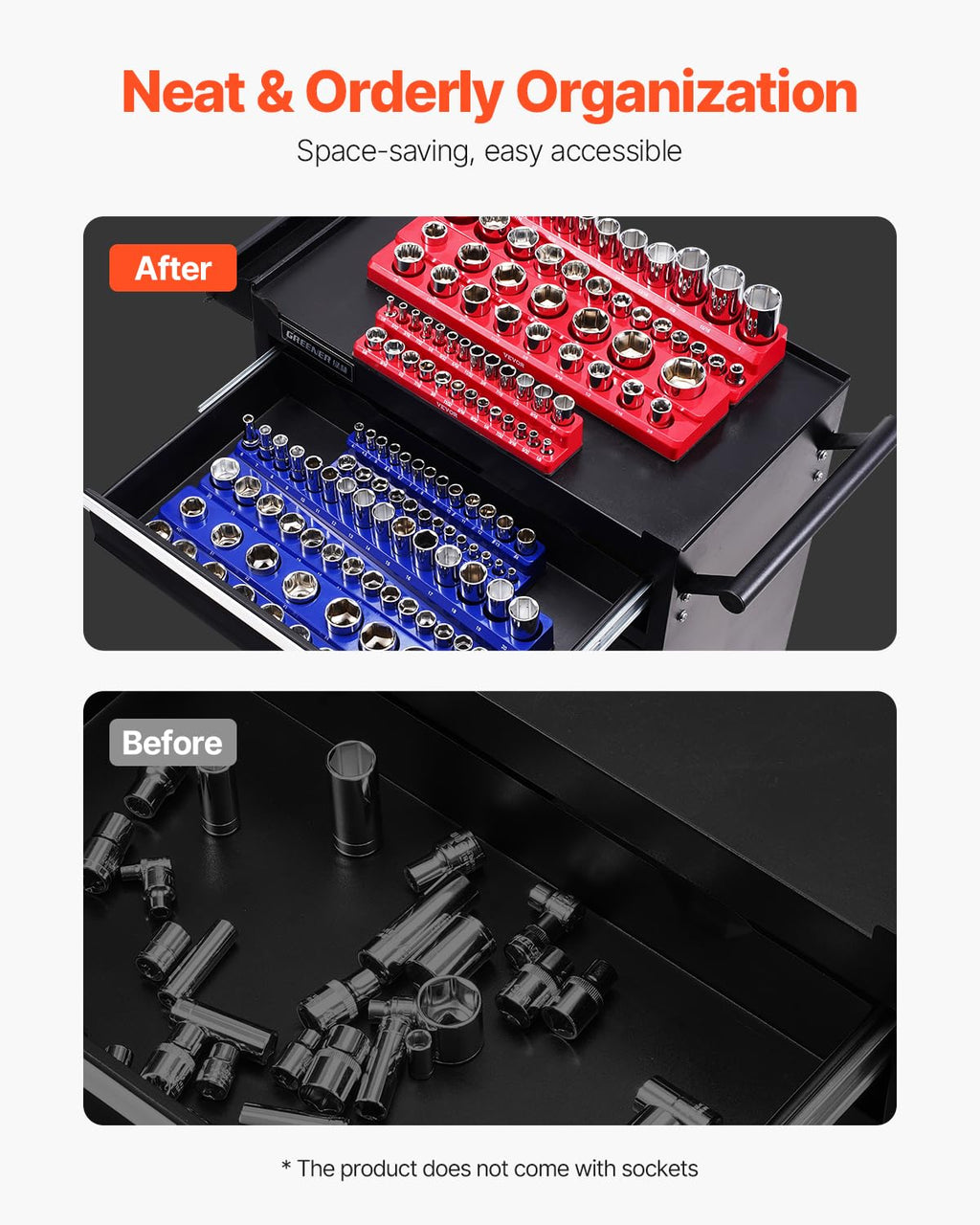 Magnetic Socket Organizer Set, 6PCS Socket Holder, 1/4'', 3/8'' & 1/2'' Metric SAE Socket Trays with Clear Labels