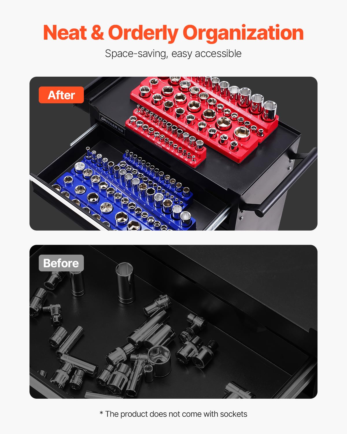 Magnetic Socket Organizer Set, 6PCS Socket Holder, 1/4'', 3/8'' & 1/2'' Metric SAE Socket Trays with Clear Labels