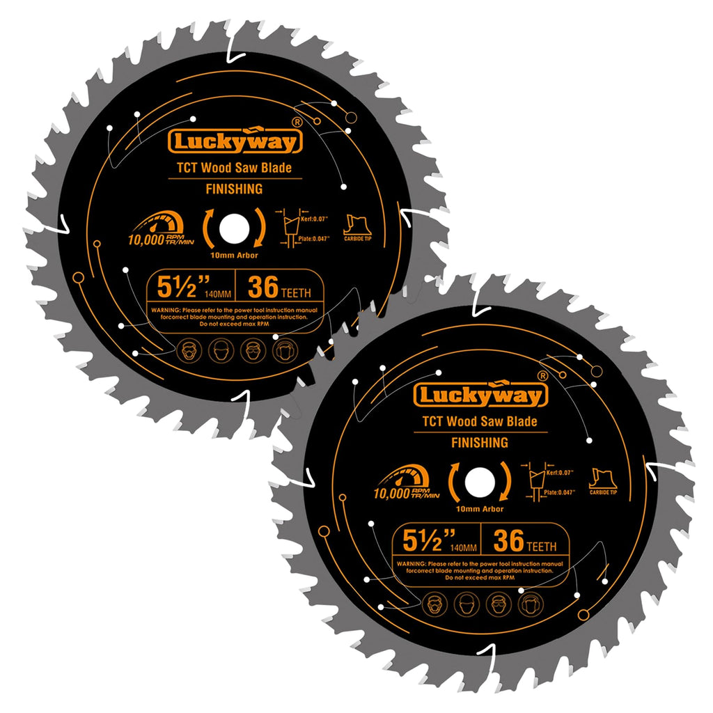 Luckyway 5 1/2 Inch Circular Saw Blade 36T Fine Finish, 10mm Arbor, 2-Pack