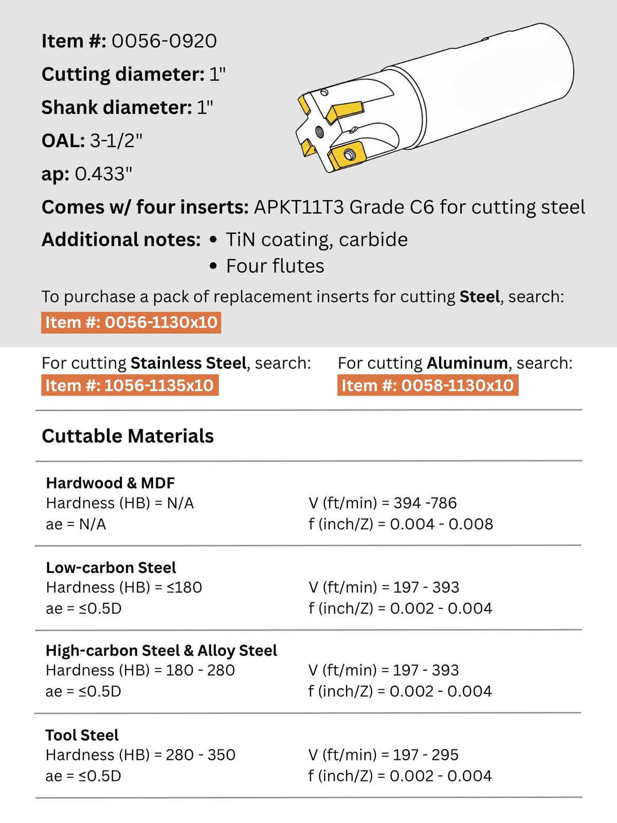 Accusize Industrial Tools 1'' 90 Deg Square Shoulder Indexable End Mill, 3-1/2'' Oal, APKT11T3 Carbide Inserts, 4 Flute, 0056-0920