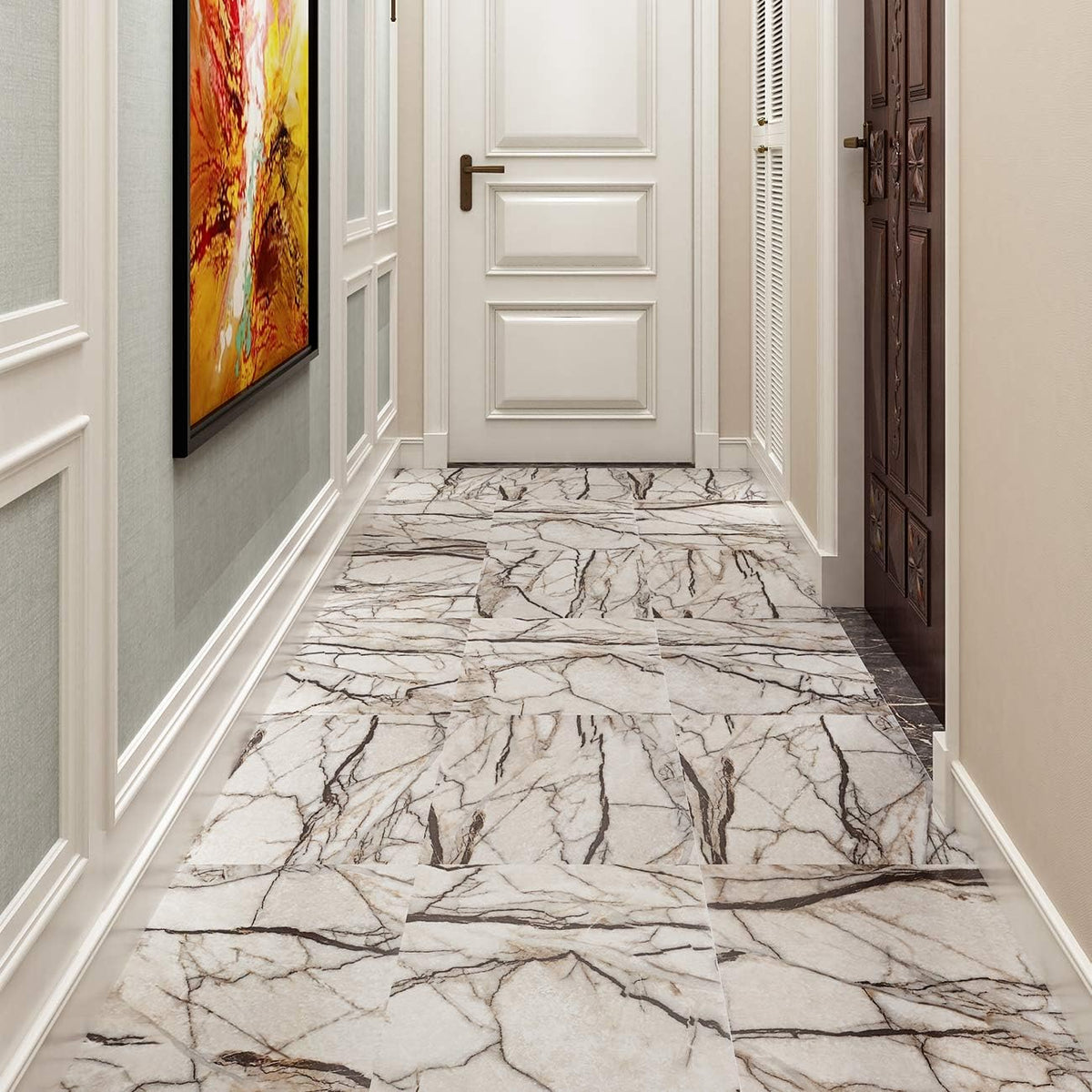Peel and Stick Floor Tile Marble 12X12 4pcs Beige Black Tan Self Adhesive Floor Tiles Waterproof Vinyl Flooring Sheet