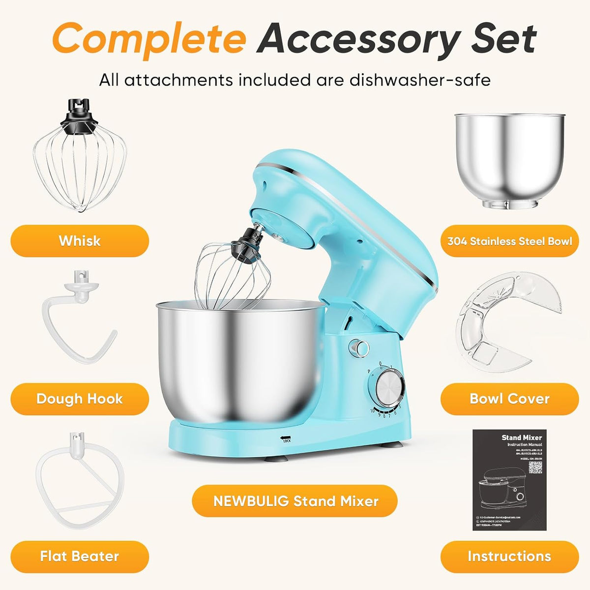 Stand Mixer 6.3QT, Kitchen Electric Mixers Alternative | 10-Speed Dough Hook, Whisk, Beater & Splash Lid, Multi-Cover