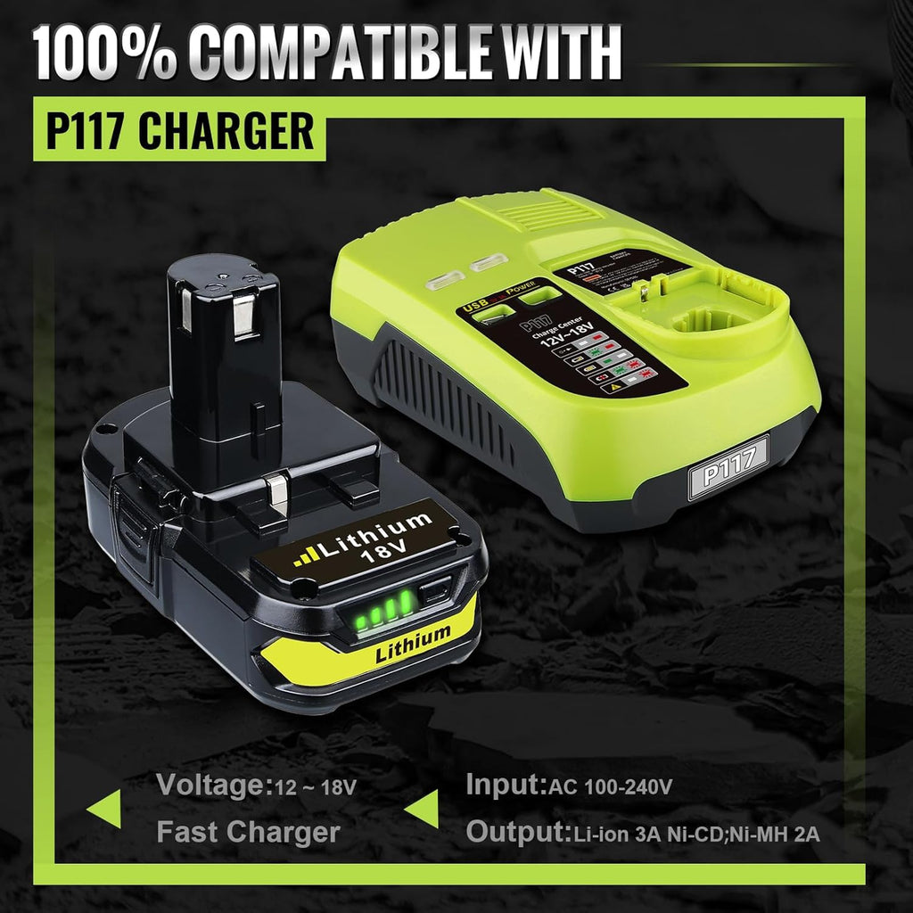 【2-Pack】 4.0Ah Lithium-Ion Battery for Ryobi 18V Tools, Replacement for P107 P108, Compatible with All Ryobi 18V