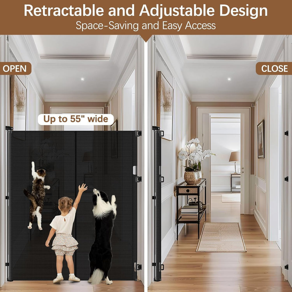 60" x 55" Wide Extra-Wide Retractable Indoor Mesh Pet & Child Safety Gate with One-Hand Safety Lock for Wide Openings, Patios & Stairways — Black
