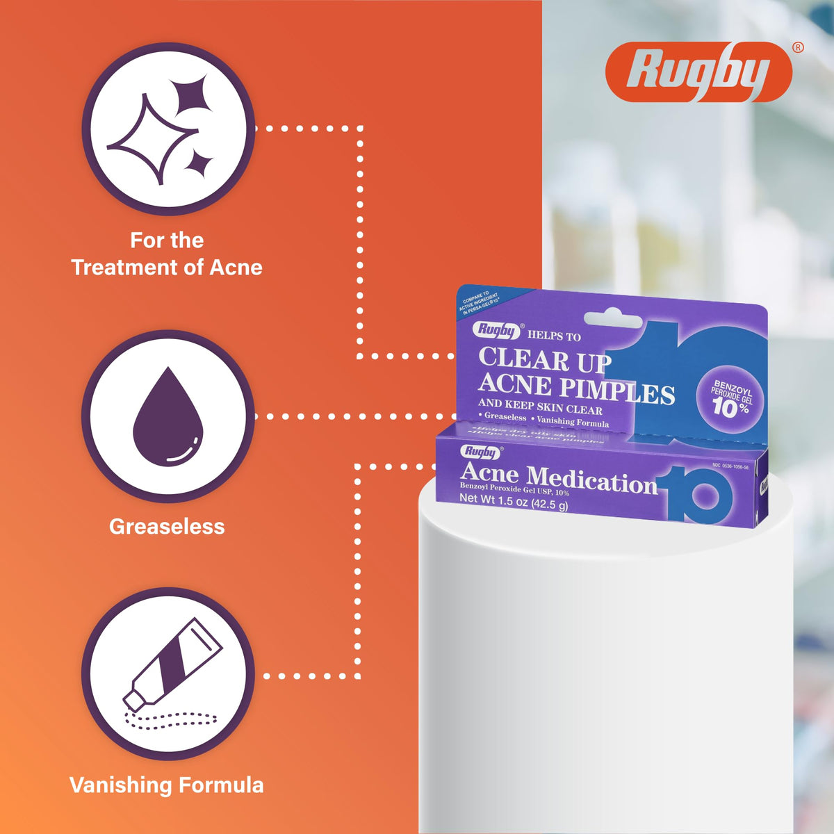 Rugby Acne Medication Benzoyl Peroxide Gel USP, 10% - Clear Up Acne Pimples - Greaseless, Vanishing Formula - 1.5 Oz