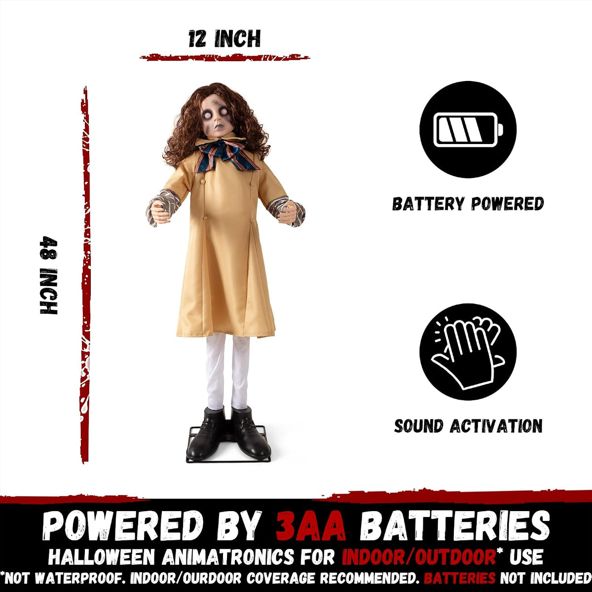 Halloween Animatronics Decorations 48inch Animated Creepy Doll with Sound Activated, Spooky Sound, Lighted LED Eyes