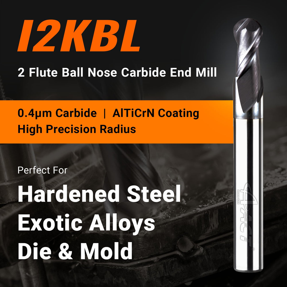 ACCUCUT I2KBL 3/8” Carbide Ballnose Long Shank End Mill- 2 Flute Milling Bit for Steel, Forge Steel, Hardened, Copper, Alloys & Materials < HRC 50 - AlTiCrN Coating CNC Router Bit, 30 Degree Helix