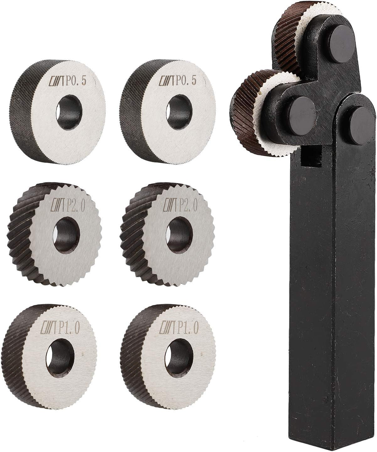 1.5mm Diagonal Dual Wheel Knurling Tool Set with 6PCS Knurling Single Wheels 0.5mm 1mm 2mm