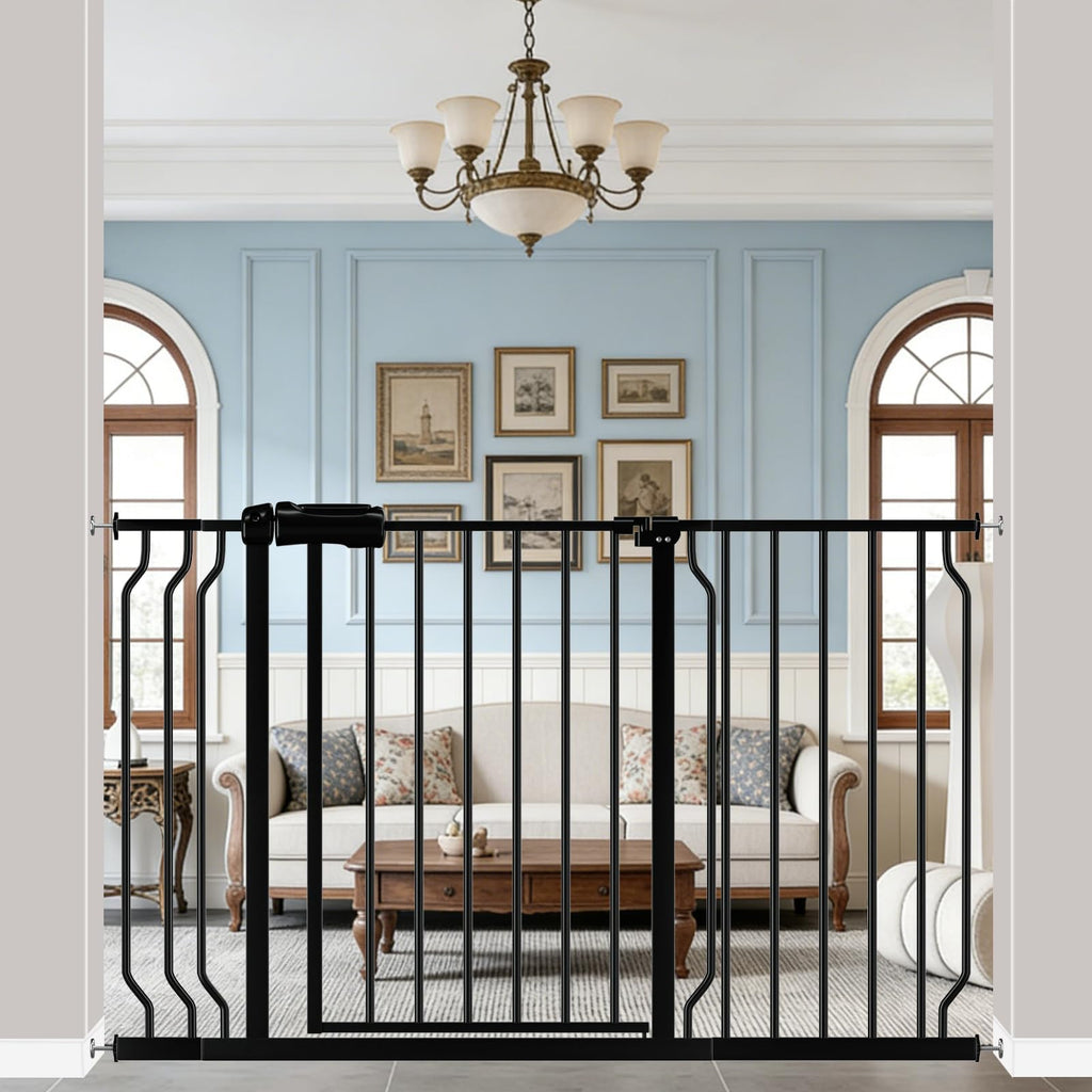 43.3-52.75" x 30" Tall Extra-Tall & Extra-Wide No-Drill Pressure-Mounted Pet & Child Safety Gate with Dual-Lock Walk-Through Swing Door for Stairs, Hallways & Wide Doorways — Black