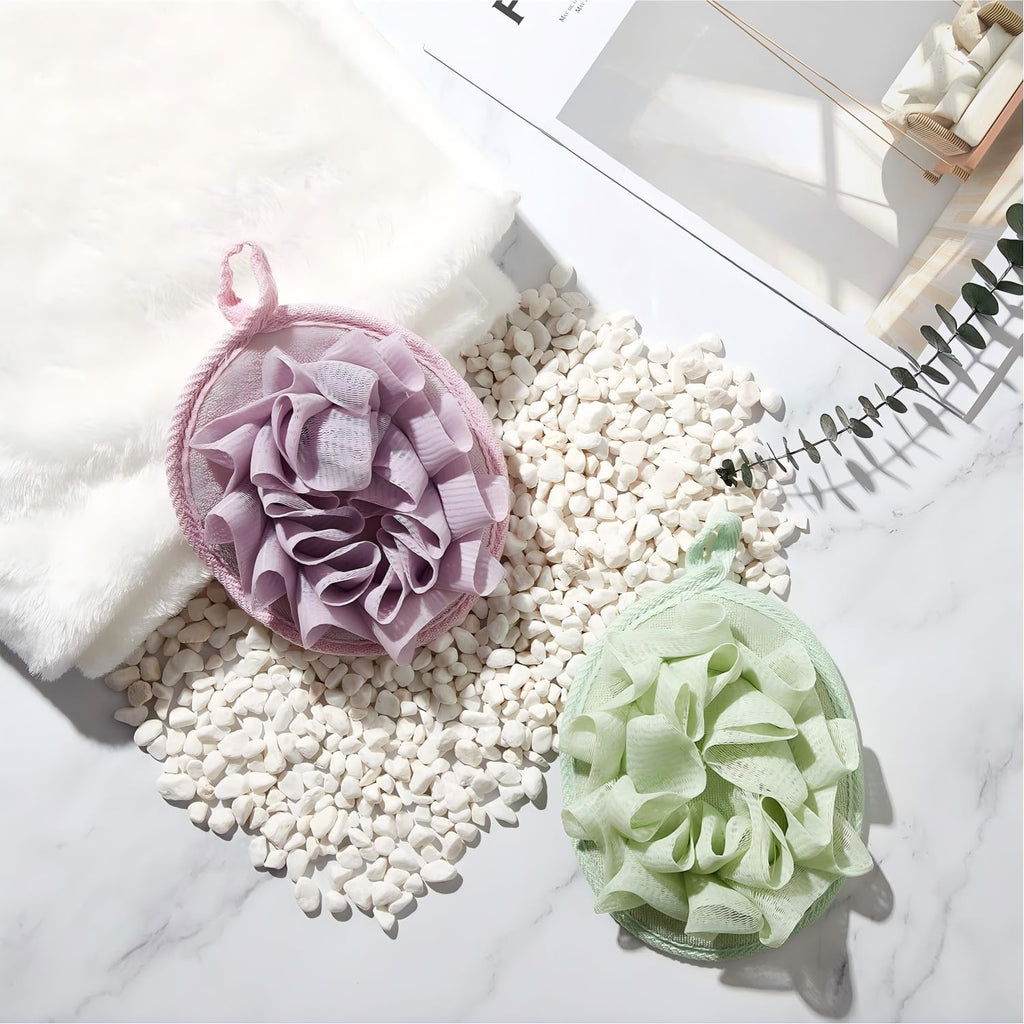 Bath Shower Pouf Sponge, 6 Pcs, Beige, Green, Purple