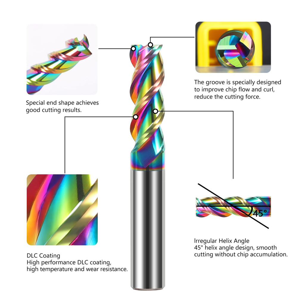 AYCHOLIZ 3/16" Solid Carbide Flat End Mills Set 3 Flute Diamond-Like Coating End Milling Cutter for Aluminum,Copper,Magnesium Alloys