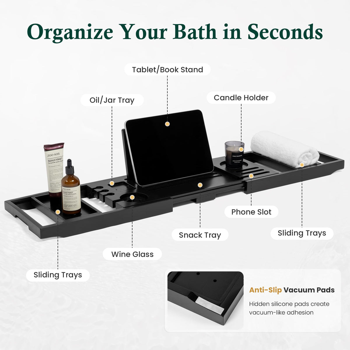 Teak Bathtub Tray, Adjustable Width Black Bath Caddy