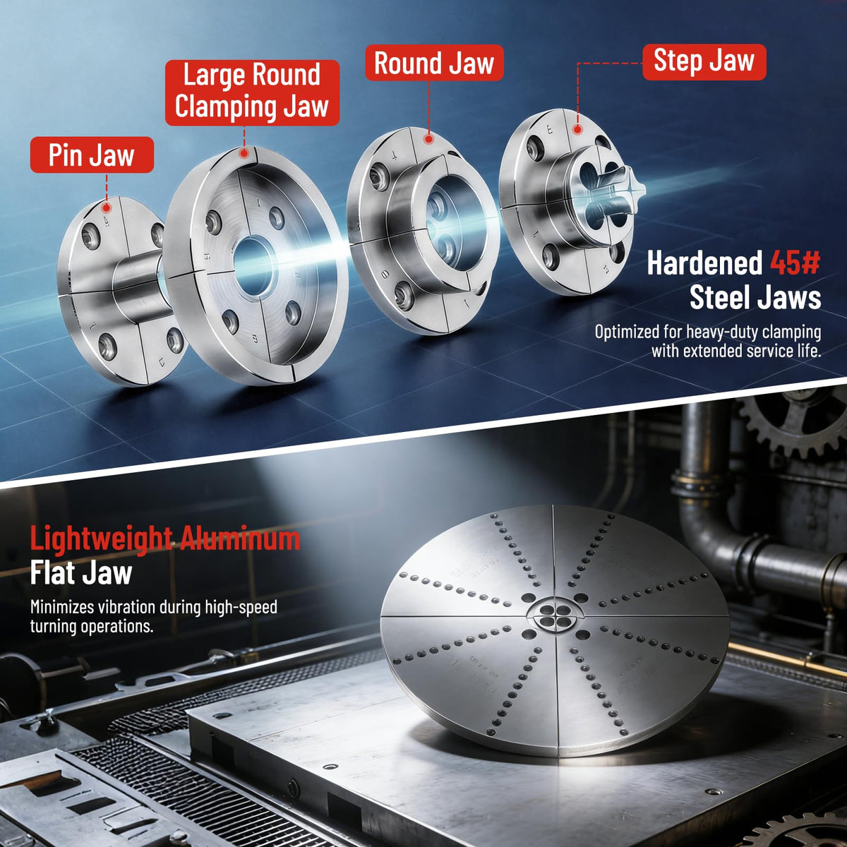 PER4MANCE 4 Inch Wood Lathe Chuck Set, 5 Jaws Including 10" Aluminum Jaw, M33 to 1"-8TPI Adapter, Complete Woodturning Chuck for Bowl Turning and Spindle Work