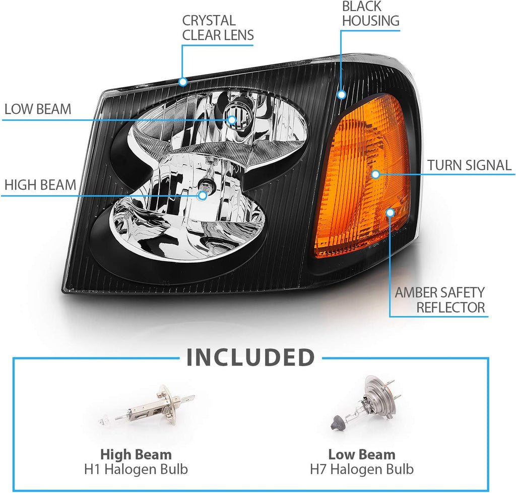 AmeriLite Black Replacement Headlights Set For GMC Envoy - Passenger and Driver Side with Hi/Lo Beam Bulbs