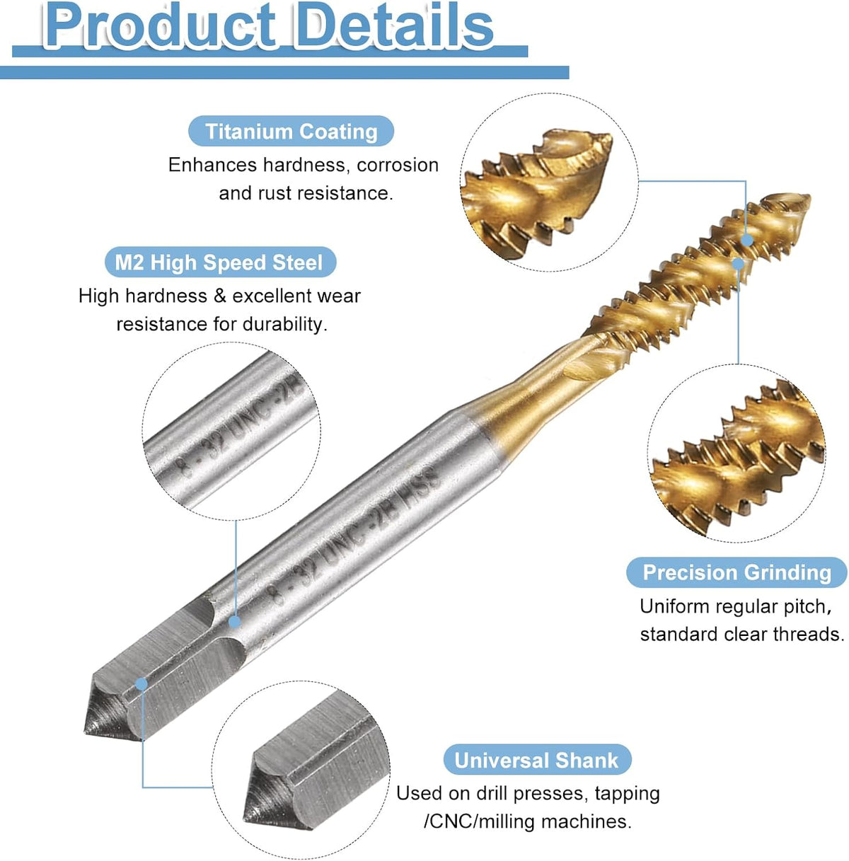 uxcell 2pcs Spiral Flute Thread Taps 8-32 UNC 2B Machine Threading Tap Bit, Titanium Coated Screw Tapping Repair Tool, M2 High-Speed Steel (HSS)
