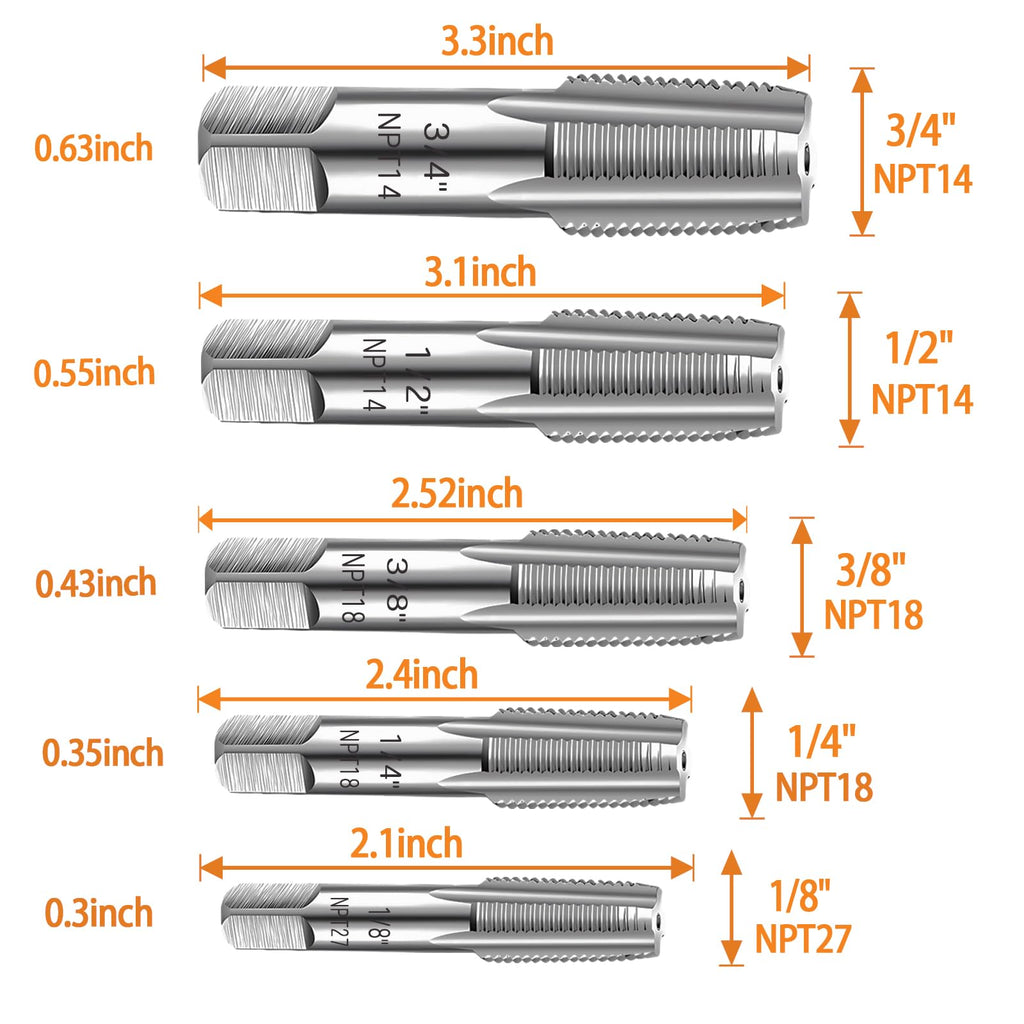 5-Piece NPT Pipe Tap Set, Precision Carbon Steel NPT Tap Set for Clean Accurate Threads, 3/4", 1/2", 3/8", 1/4", 1/8" NPT Tap, Perfect for Plumbers Mechanics DIYers, with Durable Plastic Case