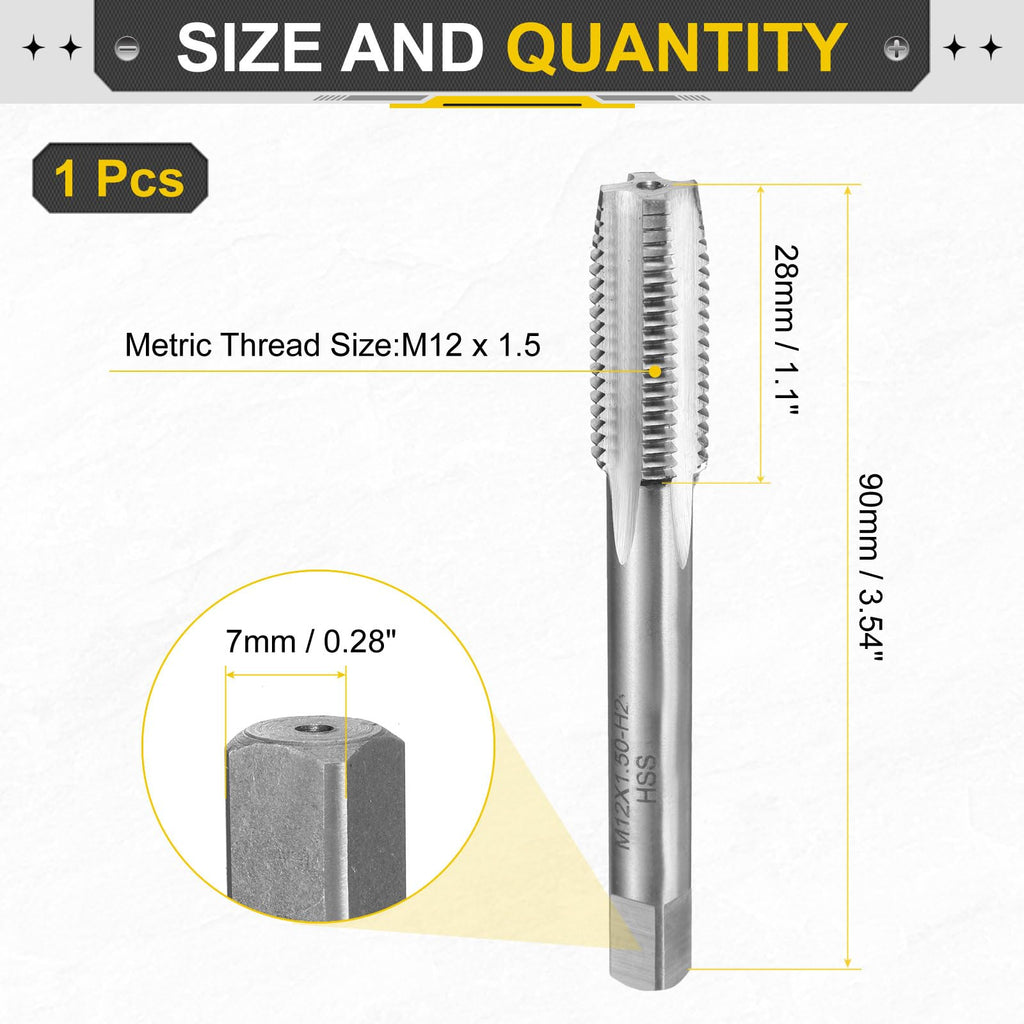 uxcell Hand Plug Tap M12 x 1.5 H2 Metric Thread Plug Style Taps Straight Flute Screw Tapping Threading Tool High Speed Steel HSS6542