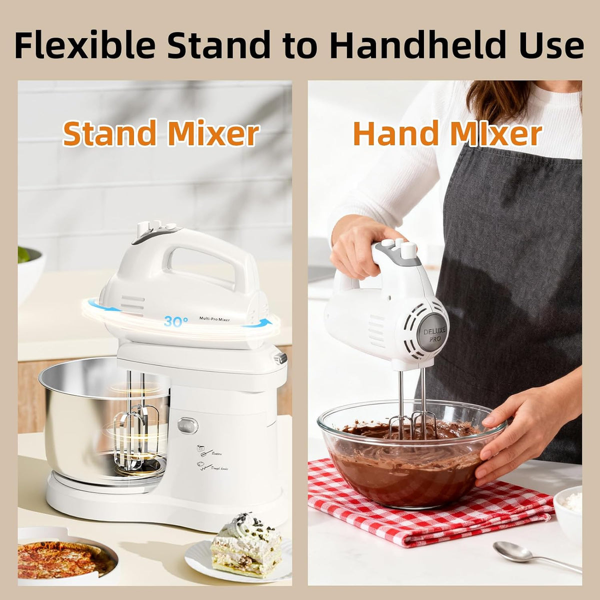 3.2QT 2-in-1 Stand Mixer, Electric Kitchen Mixer with Auto-Rotating Bowl & Tilt-Head, 5-Speed 250W Turbo Baking