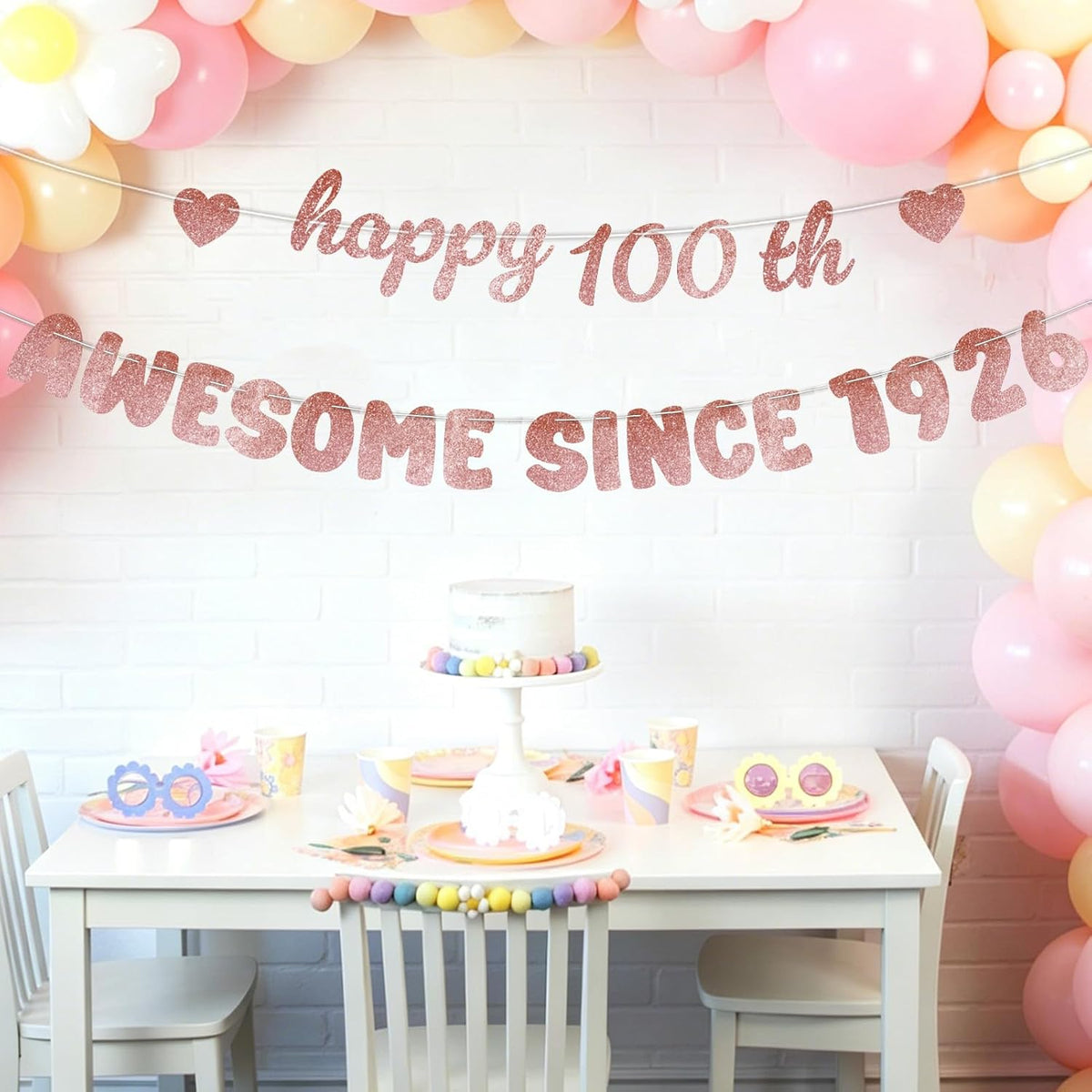 Rose Gold 100th Birthday Decorations for Women - Glittery Happy 100th Birthday Banner, Centenarian Awesome Since 1926
