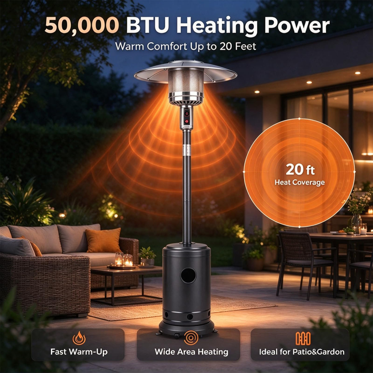 50,000 BTU Patio Heater, Propane Heater for Outdoor Use