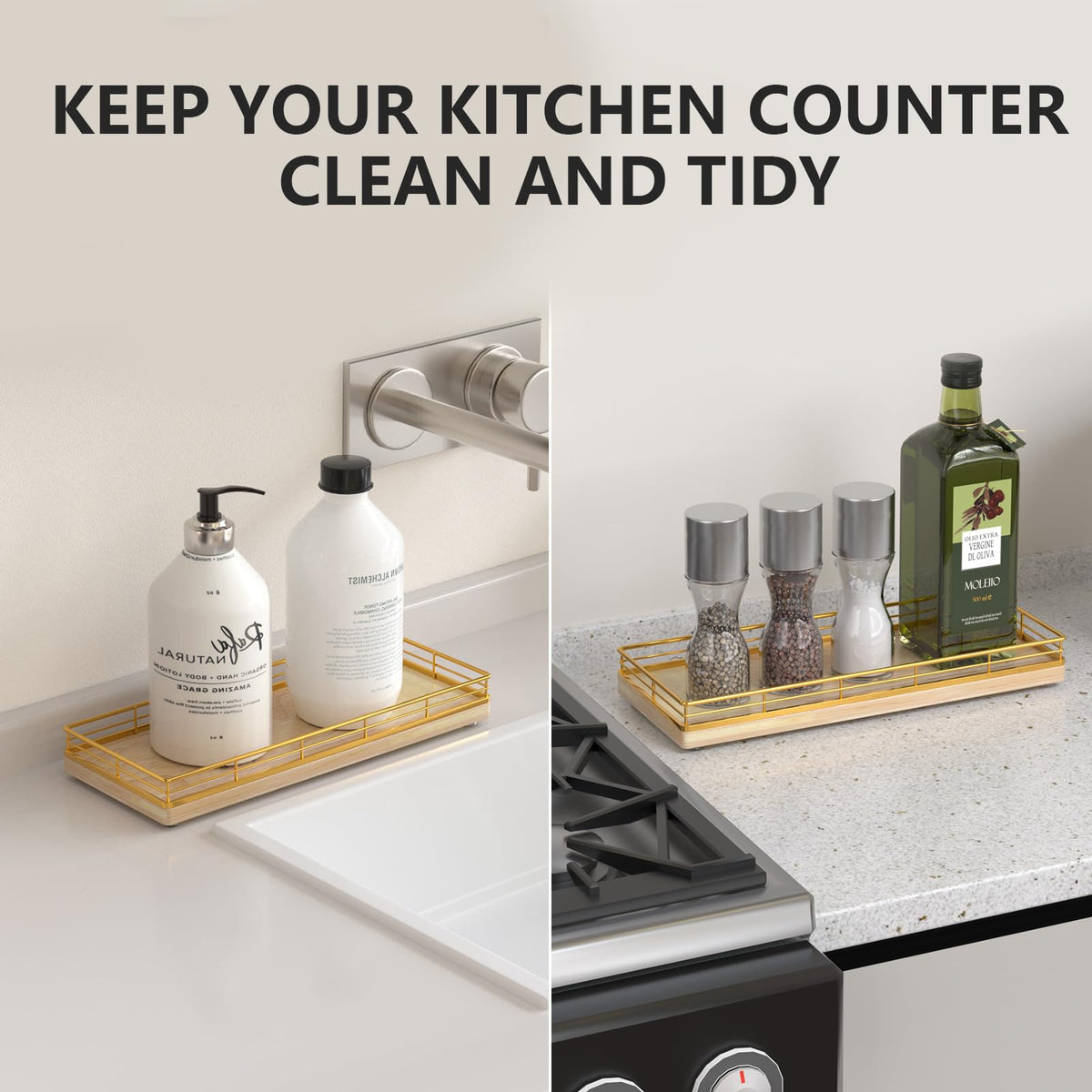 Bathroom Tray for Counter Top Organizer, Oak Wood Vanity Tray
