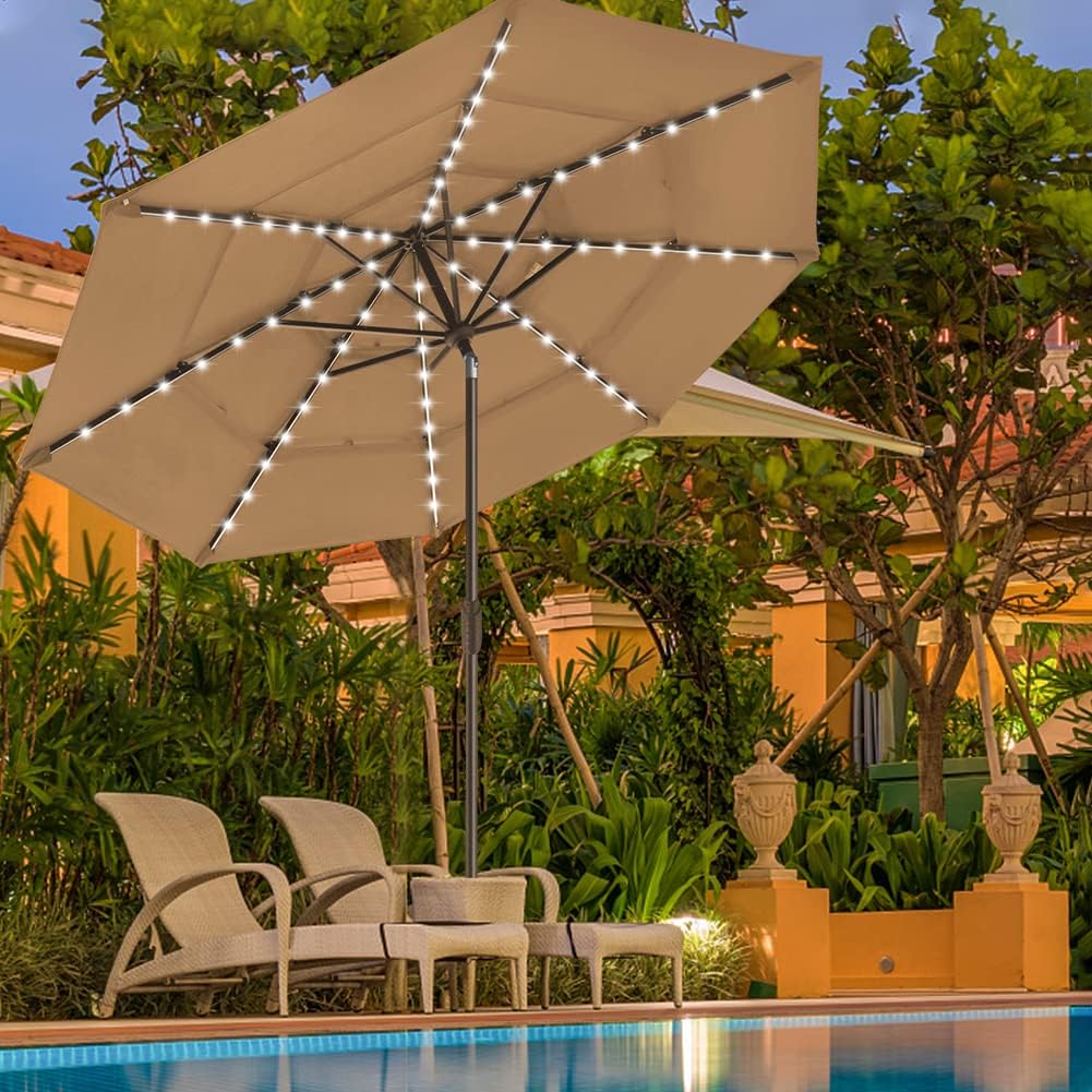 USA 10-Year-Non-Fading 9ft 3-Tier Market Patio Umbrella, Commercial Table Umbrella with 80 Solar LED Lights, Crank