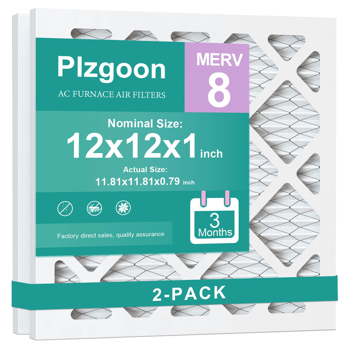 12x12x1 Air Filter MERV 8 Pleated, 2-Pack for AC & Furnace, MPR 600