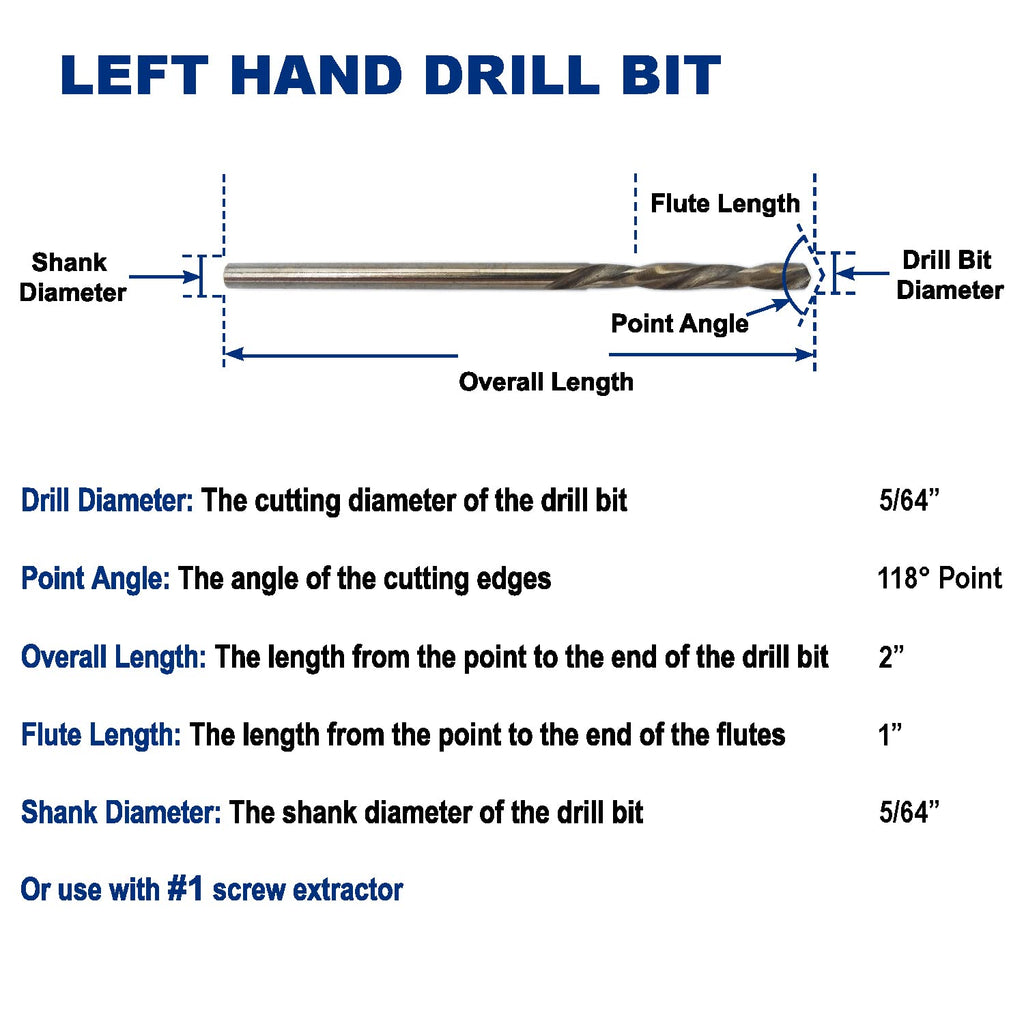 5/64-Inch Cobalt Steel M35 Left Hand Drill Bit, Pack of 6