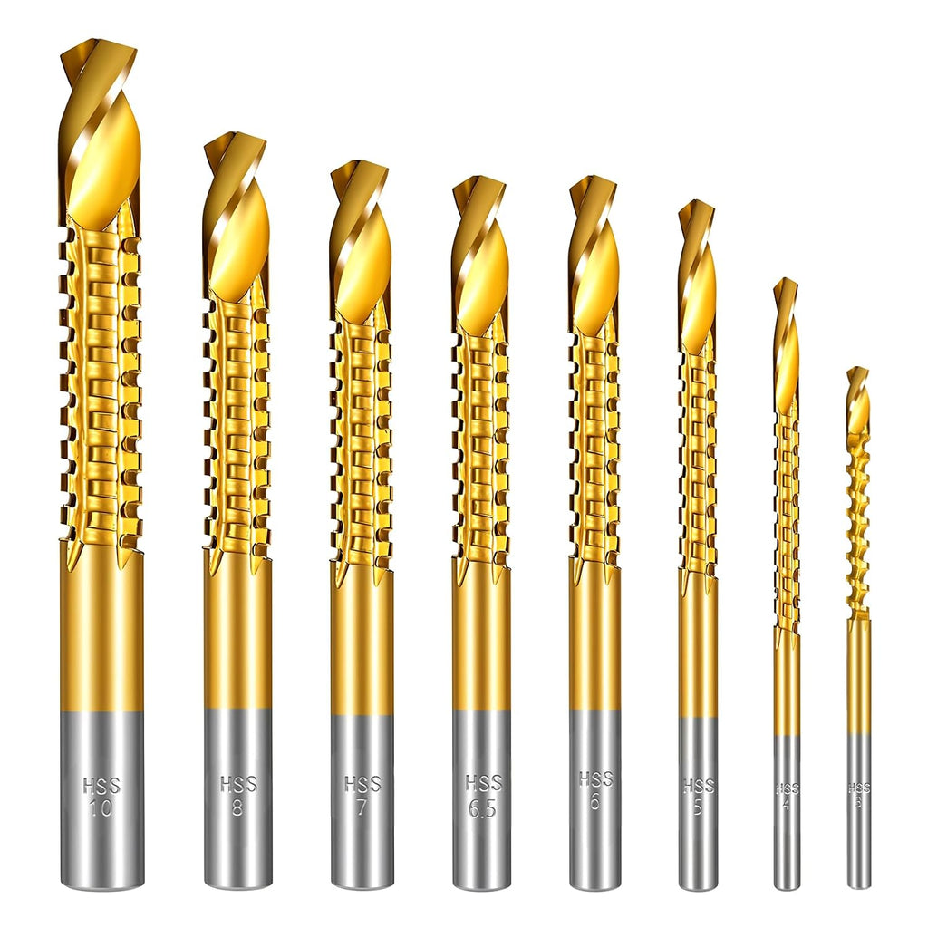 8 Pack Titanium Coated HSS Twist Drill Bits, 3-10mm Serrated Side Cutting Drill Bit, Hex Shank Serrated Cutting Drill Bits, Drill Bit Woodworking Tools, Hole Holesaw Tool for Plastic Metal Wood Hole