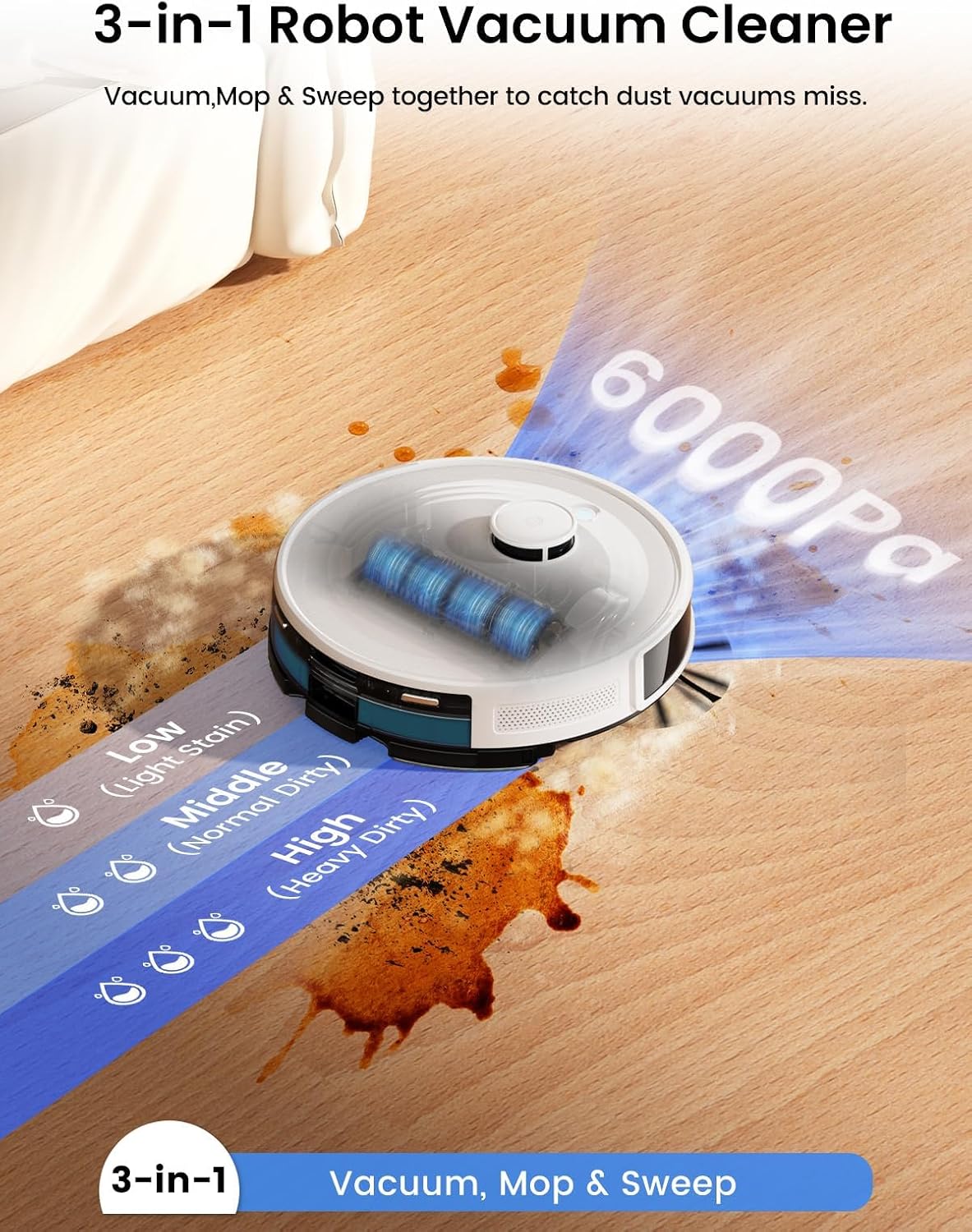 Robot Vacuum and Mop,75-Day Self-Emptying,6000Pa Powerful Suction,Customized Cleaning,Home Mapping, 140 Min Runtime
