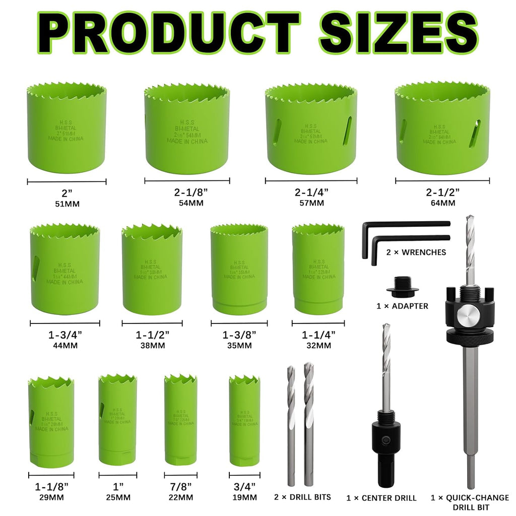 19-Piece Bi-Metal Hole Saw Kit with Quick Change Arbors in Sizes from 3/4" to 2-1/2" for Professional Wood, Thin Metal, PVC and Cutting