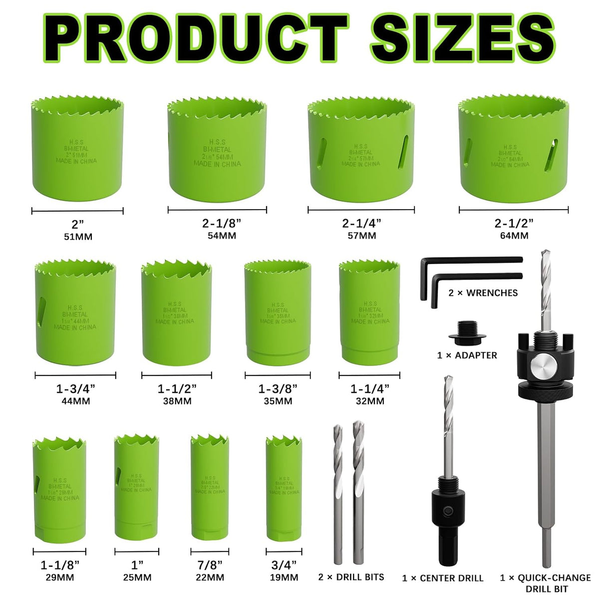 19-Piece Bi-Metal Hole Saw Kit with Quick Change Arbors in Sizes from 3/4" to 2-1/2" for Professional Wood, Thin Metal, PVC and Cutting